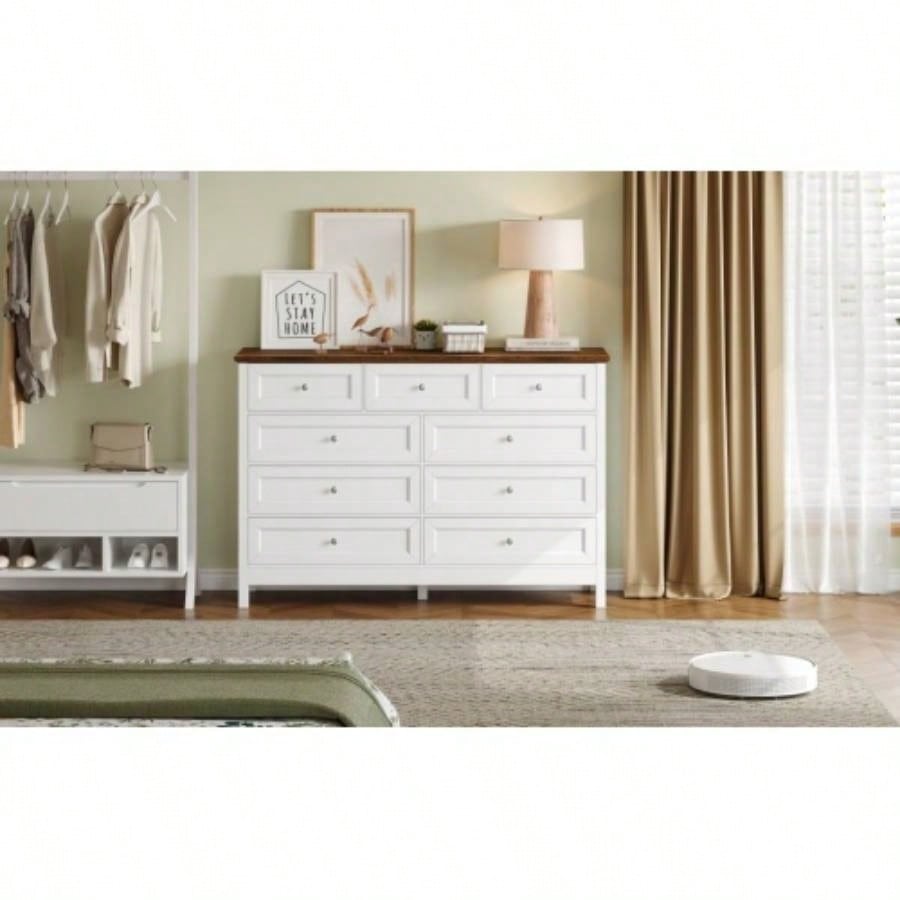 Wood Rustic Storage Dresser with 9 Drawers and Silver Handle, White