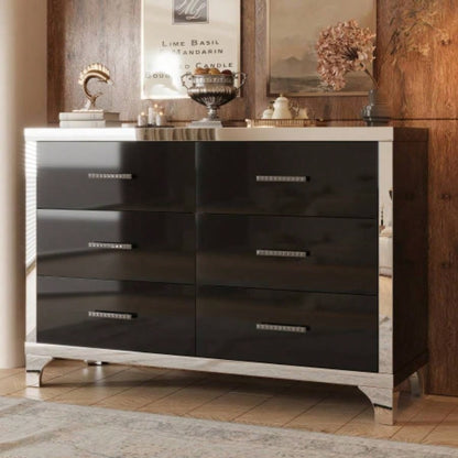 Elegant High Gloss Dresser with Metal Handle, Mirrored Storage Cabinet with 6 Drawers Bedroom, Living Room, Black