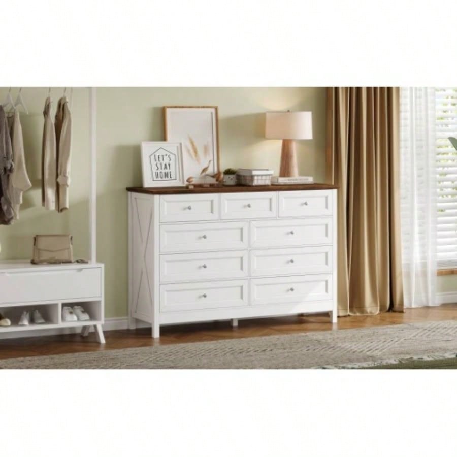 Wood Rustic Storage Dresser with 9 Drawers and Silver Handle, White
