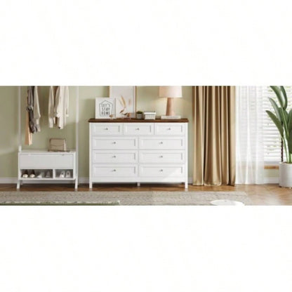 Wood Rustic Storage Dresser with 9 Drawers and Silver Handle, White