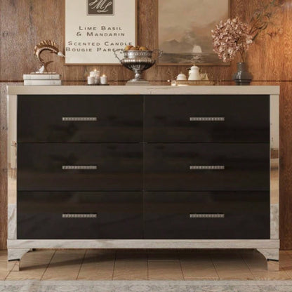 Elegant High Gloss Dresser with Metal Handle, Mirrored Storage Cabinet with 6 Drawers Bedroom, Living Room, Black