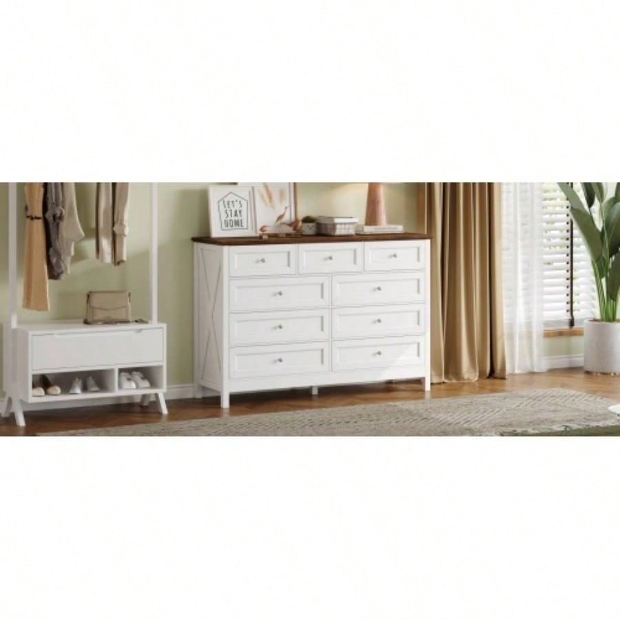 Wood Rustic Storage Dresser with 9 Drawers and Silver Handle, White