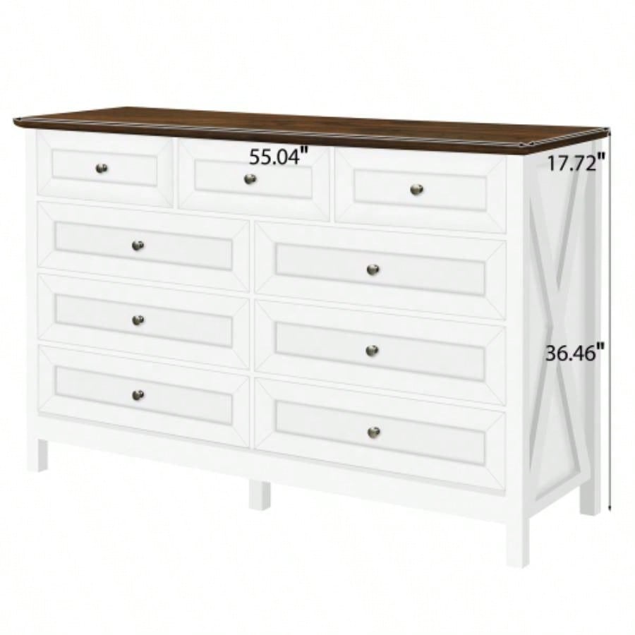Wood Rustic Storage Dresser with 9 Drawers and Silver Handle, White
