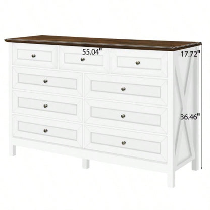 Wood Rustic Storage Dresser with 9 Drawers and Silver Handle, White