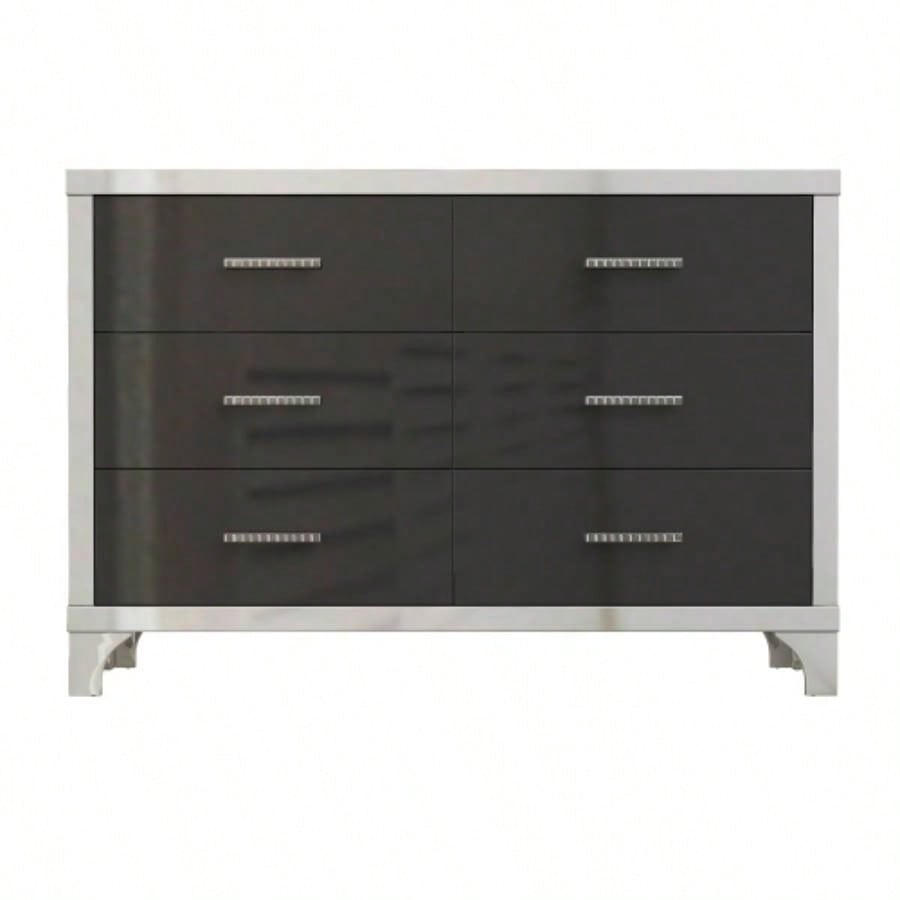 Elegant High Gloss Dresser with Metal Handle, Mirrored Storage Cabinet with 6 Drawers Bedroom, Living Room, Black
