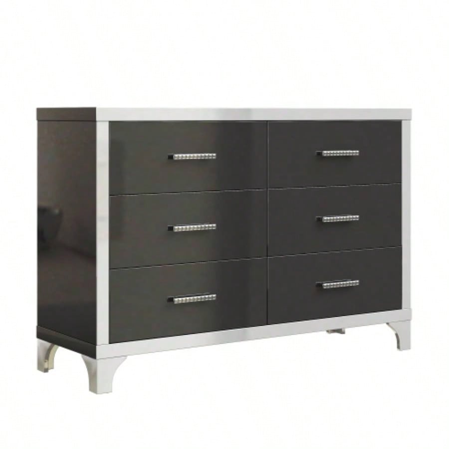 Elegant High Gloss Dresser with Metal Handle, Mirrored Storage Cabinet with 6 Drawers Bedroom, Living Room, Black