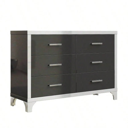 Elegant High Gloss Dresser with Metal Handle, Mirrored Storage Cabinet with 6 Drawers Bedroom, Living Room, Black