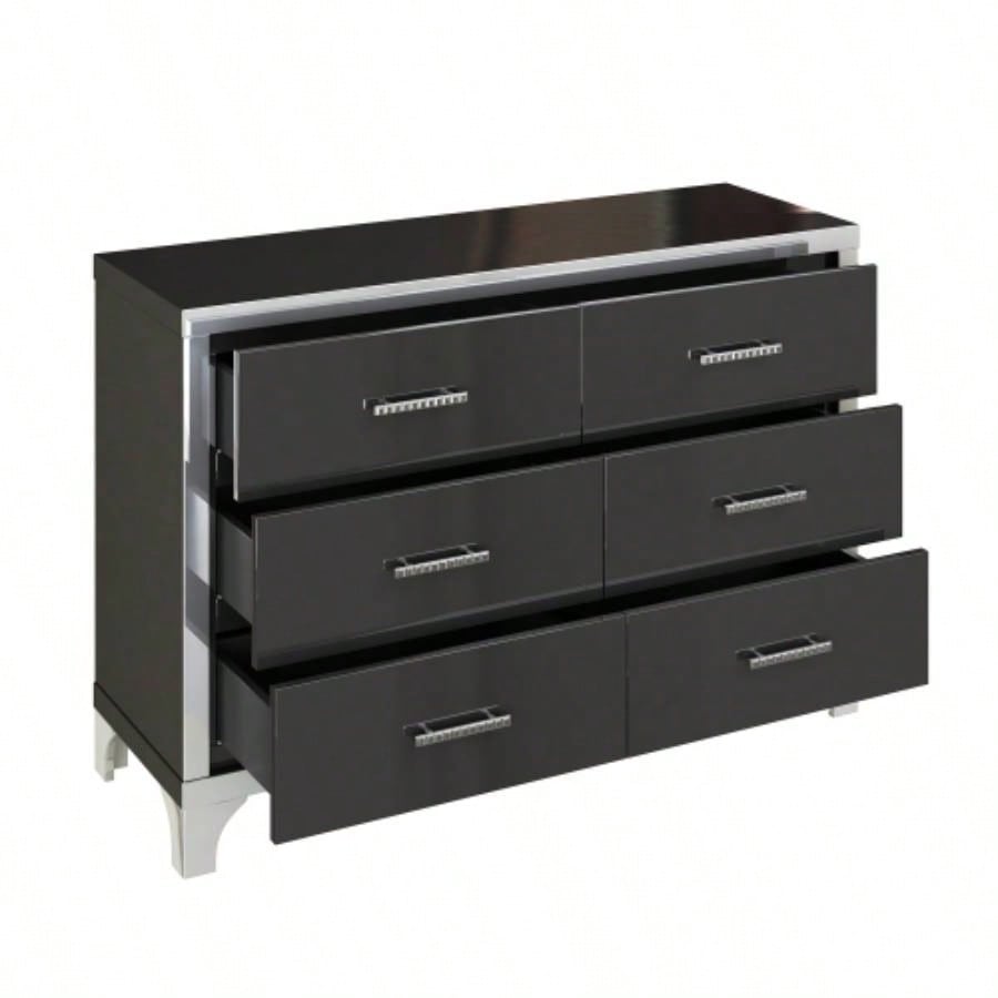 Elegant High Gloss Dresser with Metal Handle, Mirrored Storage Cabinet with 6 Drawers Bedroom, Living Room, Black