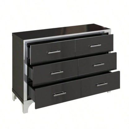 Elegant High Gloss Dresser with Metal Handle, Mirrored Storage Cabinet with 6 Drawers Bedroom, Living Room, Black