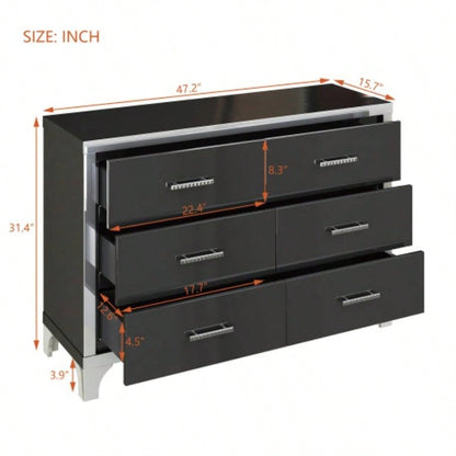 Elegant High Gloss Dresser with Metal Handle, Mirrored Storage Cabinet with 6 Drawers Bedroom, Living Room, Black