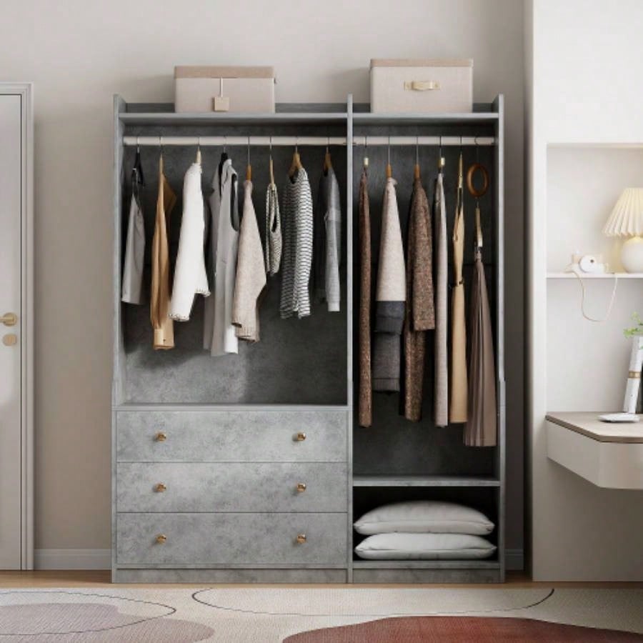 Open Wooden Wardrobe Storage Bedroom, Gray