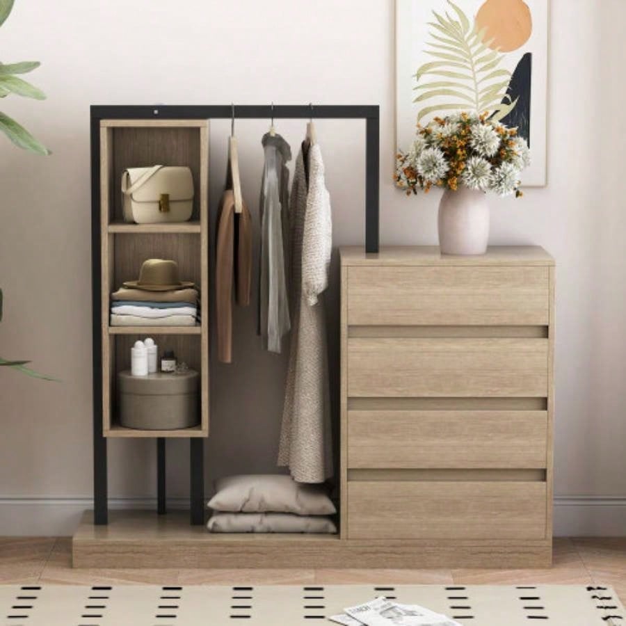 Wardrobe with 4 Drawers and 3 Shelves, Natural