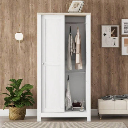 Bedroom Storage Wardrobe with Hanging Rods and 2 Drawers and Open Shelves, Sliding Door, White