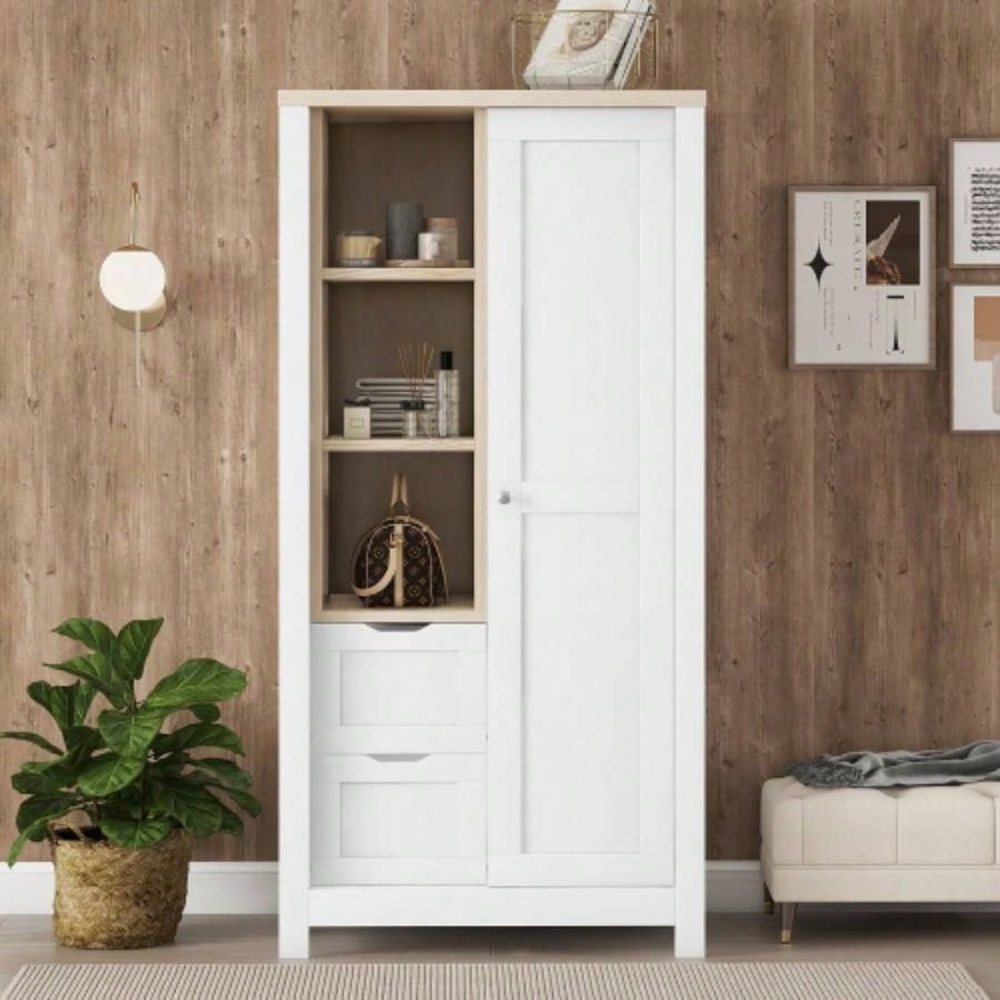 Bedroom Storage Wardrobe with Hanging Rods and 2 Drawers and Open Shelves, Sliding Door, White