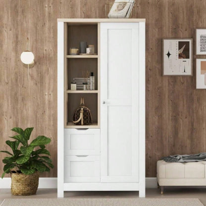 Bedroom Storage Wardrobe with Hanging Rods and 2 Drawers and Open Shelves, Sliding Door, White