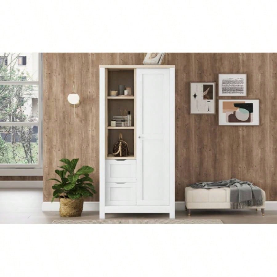 Bedroom Storage Wardrobe with Hanging Rods and 2 Drawers and Open Shelves, Sliding Door, White