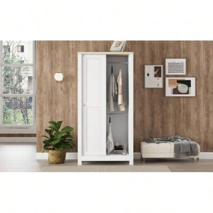 Bedroom Storage Wardrobe with Hanging Rods and 2 Drawers and Open Shelves, Sliding Door, White