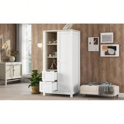 Bedroom Storage Wardrobe with Hanging Rods and 2 Drawers and Open Shelves, Sliding Door, White