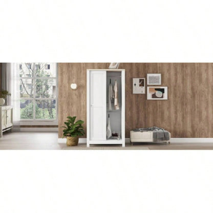 Bedroom Storage Wardrobe with Hanging Rods and 2 Drawers and Open Shelves, Sliding Door, White
