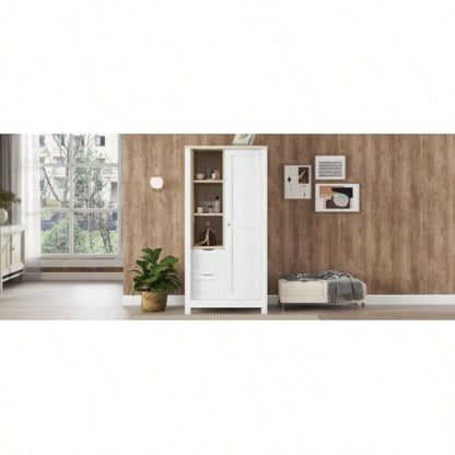 Bedroom Storage Wardrobe with Hanging Rods and 2 Drawers and Open Shelves, Sliding Door, White
