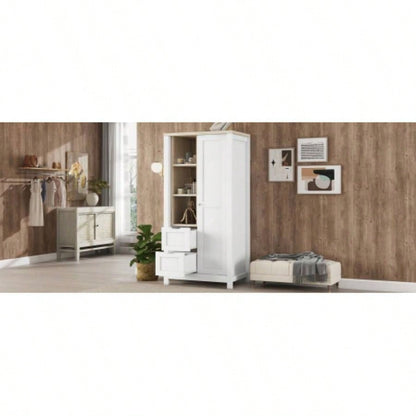 Bedroom Storage Wardrobe with Hanging Rods and 2 Drawers and Open Shelves, Sliding Door, White