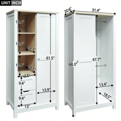 Bedroom Storage Wardrobe with Hanging Rods and 2 Drawers and Open Shelves, Sliding Door, White