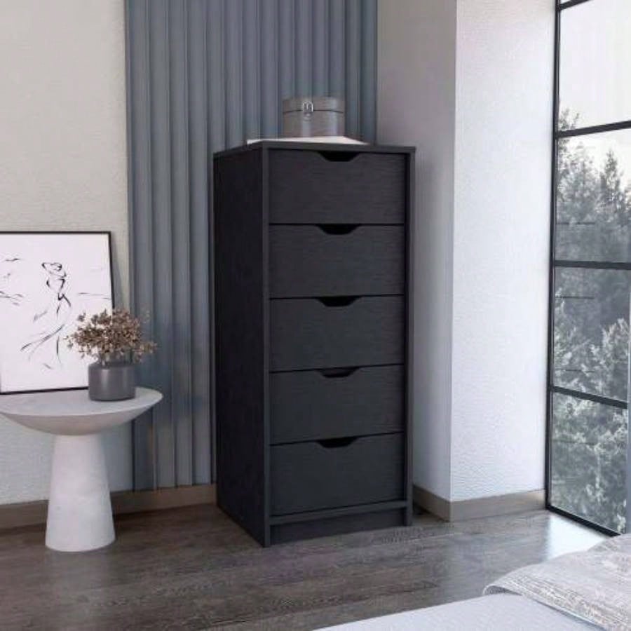 Dresser 42H, 5 Drawers, Slim Storage Chest of Drawers, Black