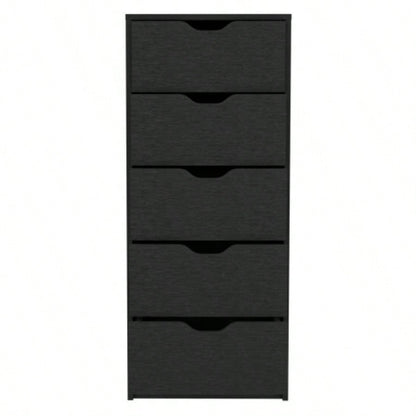 Dresser 42H, 5 Drawers, Slim Storage Chest of Drawers, Black