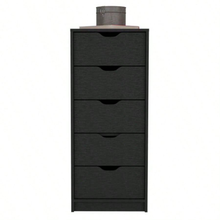 Dresser 42H, 5 Drawers, Slim Storage Chest of Drawers, Black