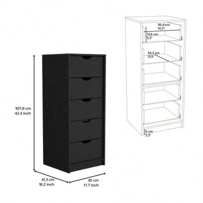 Dresser 42H, 5 Drawers, Slim Storage Chest of Drawers, Black