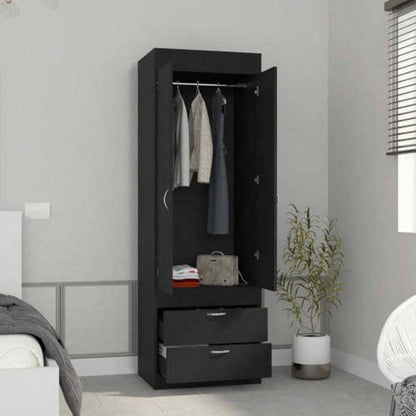 Armoire 70H, Double Door Cabinet, Two Drawers, Metal Handles, Rod, Black