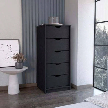 Dresser 42H, 5 Drawers, Slim Storage Chest of Drawers, Black