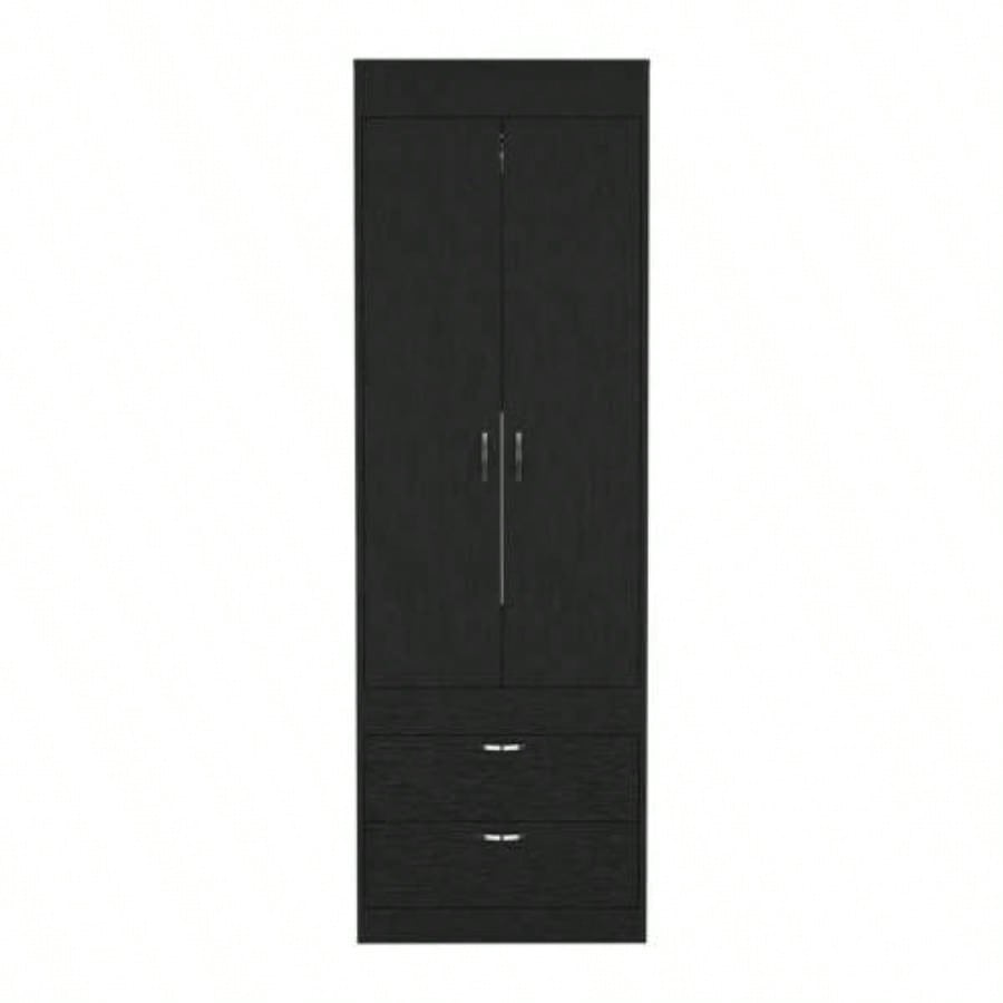 Armoire 70H, Double Door Cabinet, Two Drawers, Metal Handles, Rod, Black