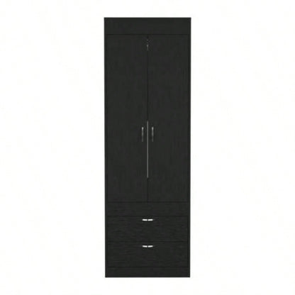 Armoire 70H, Double Door Cabinet, Two Drawers, Metal Handles, Rod, Black