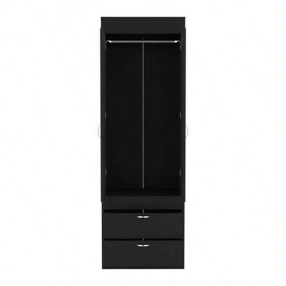 Armoire 70H, Double Door Cabinet, Two Drawers, Metal Handles, Rod, Black