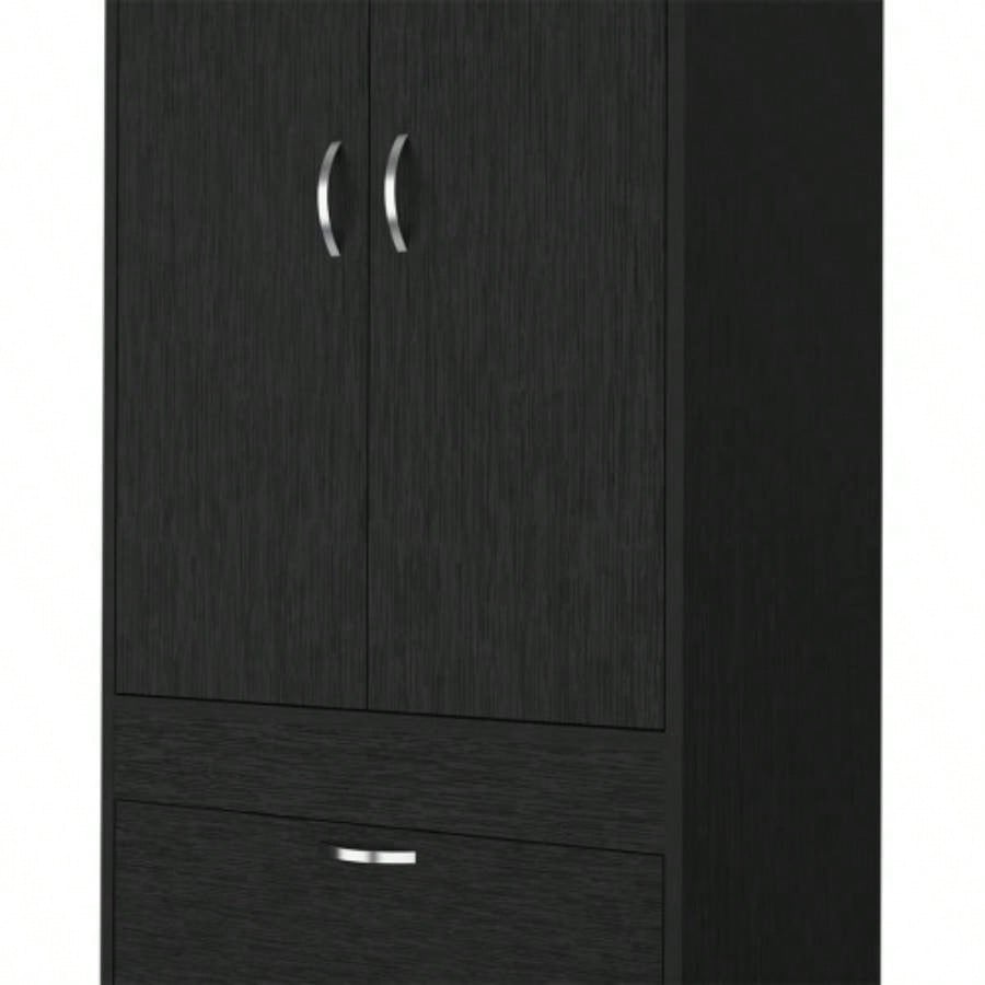 Armoire 70H, Double Door Cabinet, Two Drawers, Metal Handles, Rod, Black
