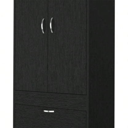 Armoire 70H, Double Door Cabinet, Two Drawers, Metal Handles, Rod, Black