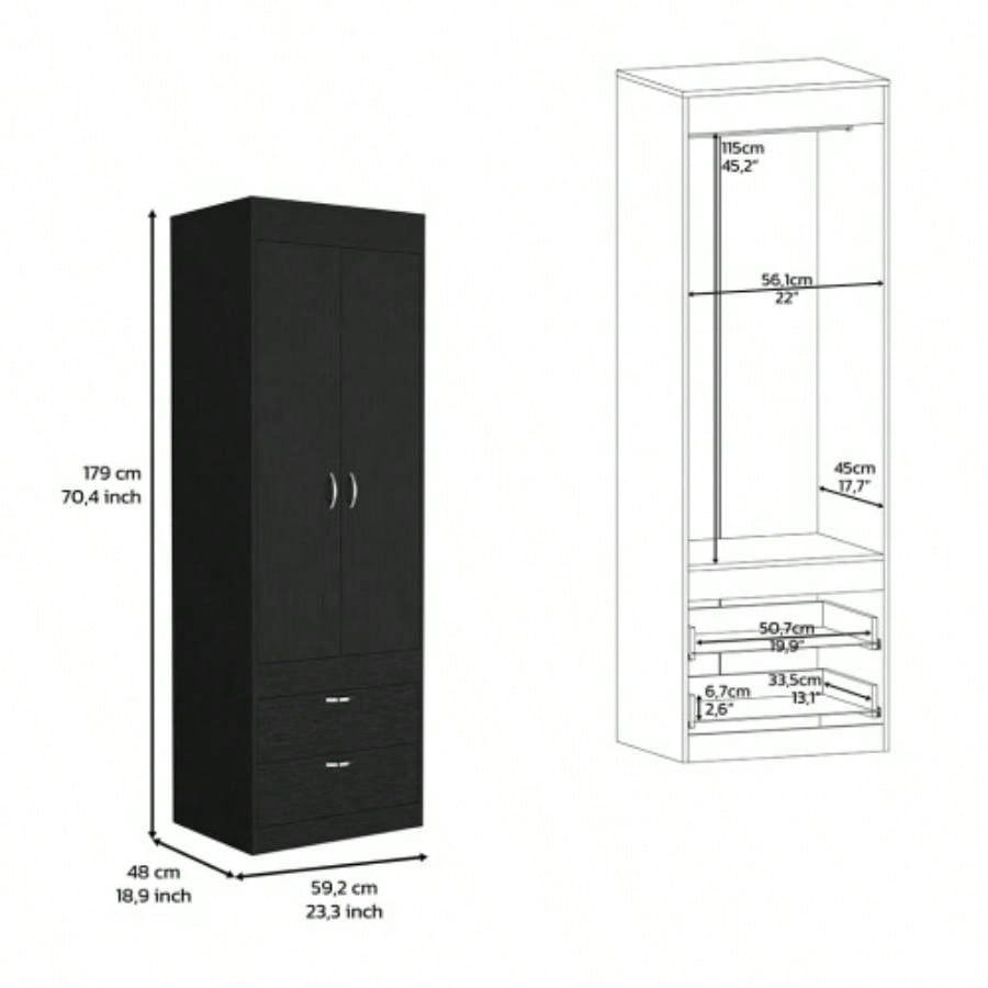 Armoire 70H, Double Door Cabinet, Two Drawers, Metal Handles, Rod, Black