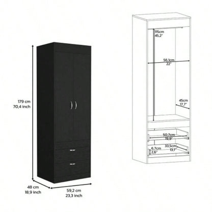 Armoire 70H, Double Door Cabinet, Two Drawers, Metal Handles, Rod, Black