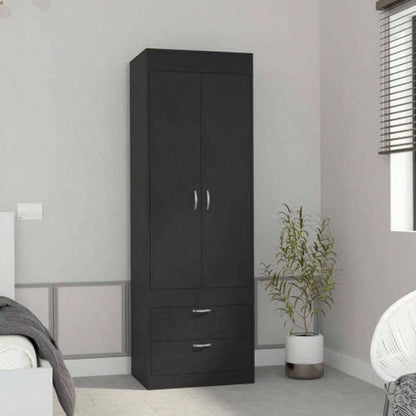 Armoire 70H, Double Door Cabinet, Two Drawers, Metal Handles, Rod, Black