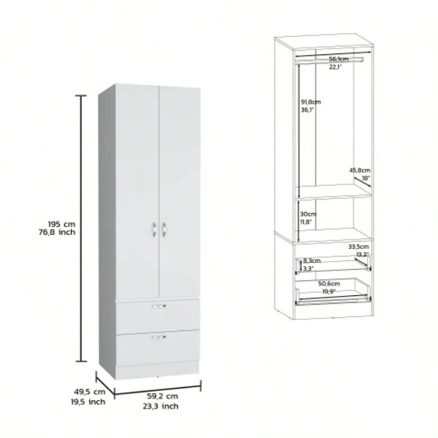 Armoire Wardrove 76 H, Hanging Rod, 2 Drawers, 1 Shelf, White