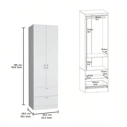 Armoire Wardrove 76 H, Hanging Rod, 2 Drawers, 1 Shelf, White