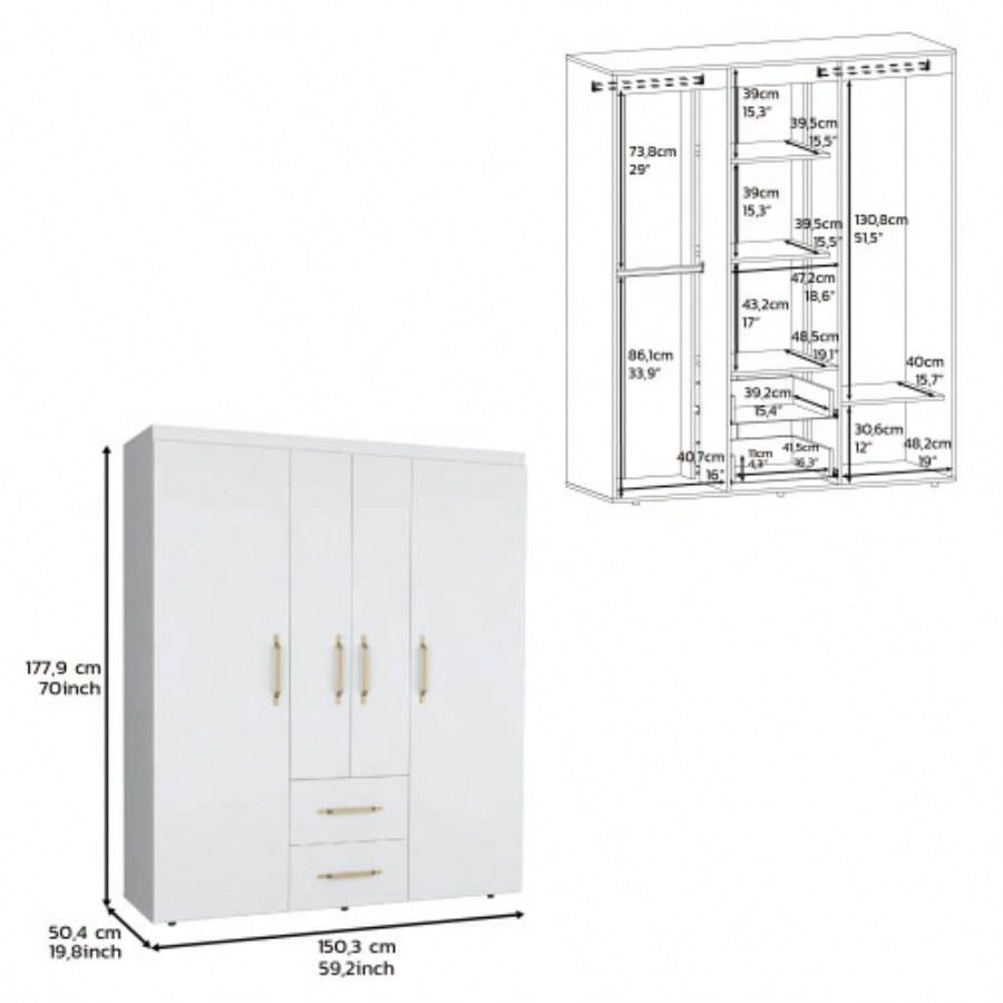 Wardrobe, Deluxe Armoire with Multiple Storage Options and Metal Accents, White