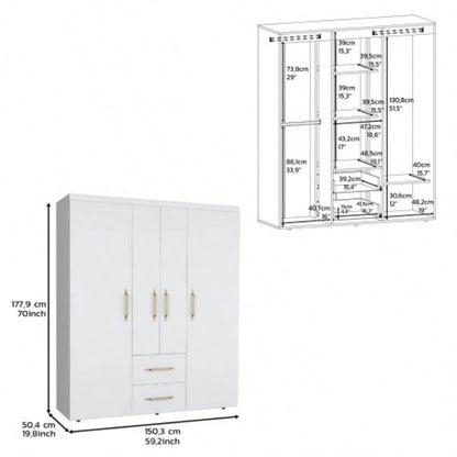 Wardrobe, Deluxe Armoire with Multiple Storage Options and Metal Accents, White