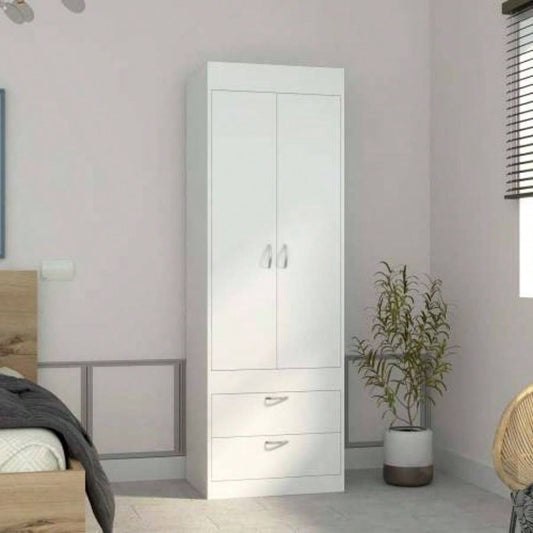 Armoire 70H, Double Door Cabinet, Two Drawers, Metal Handles, Rod, White