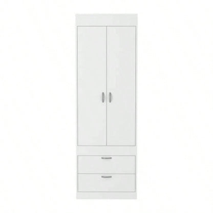 Armoire 70H, Double Door Cabinet, Two Drawers, Metal Handles, Rod, White