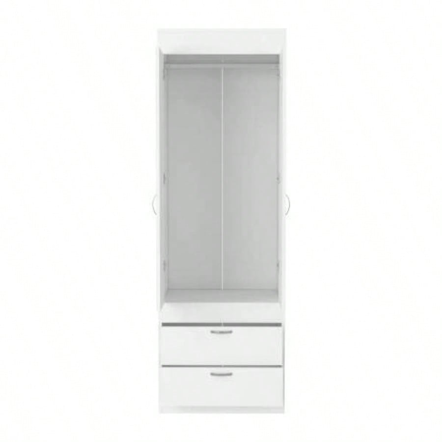 Armoire 70H, Double Door Cabinet, Two Drawers, Metal Handles, Rod, White