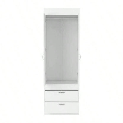 Armoire 70H, Double Door Cabinet, Two Drawers, Metal Handles, Rod, White