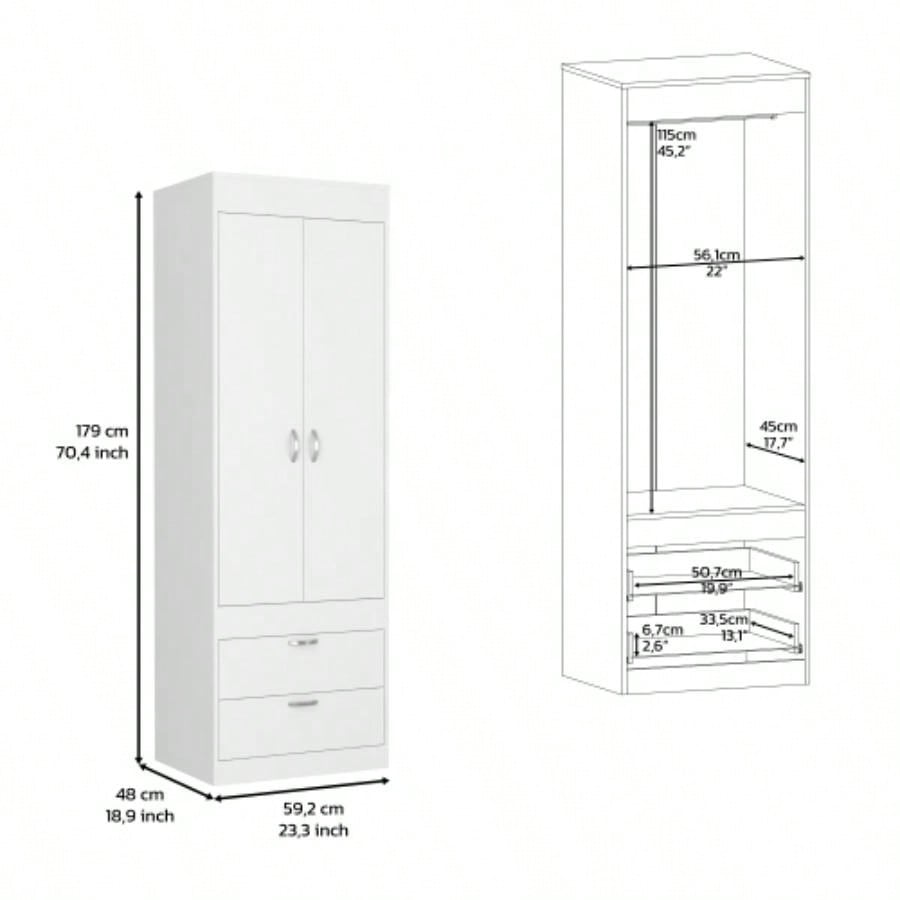 Armoire 70H, Double Door Cabinet, Two Drawers, Metal Handles, Rod, White