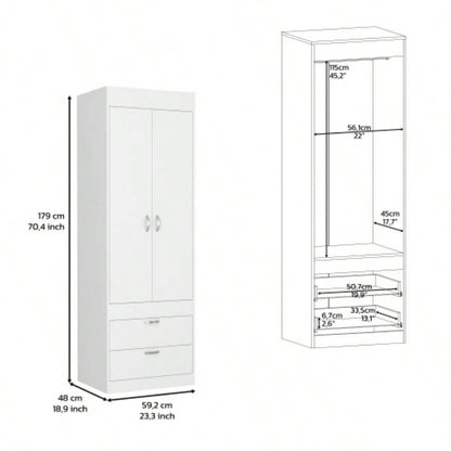 Armoire 70H, Double Door Cabinet, Two Drawers, Metal Handles, Rod, White